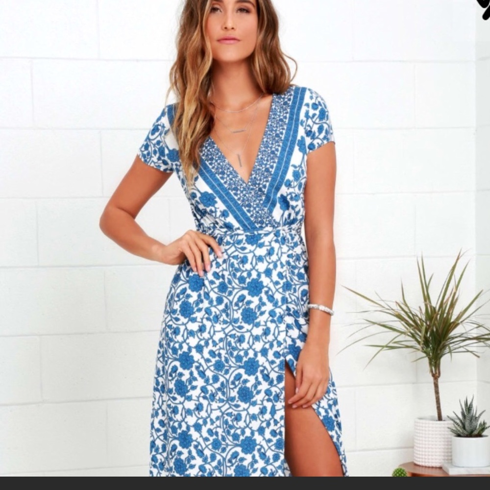 Lulus French Doors Ivory Blue wrap Maxi Dress S